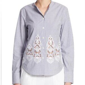 Theory Weyland Winston Stripe Cotton Embroidered Eyelet Shirt – Size Medium